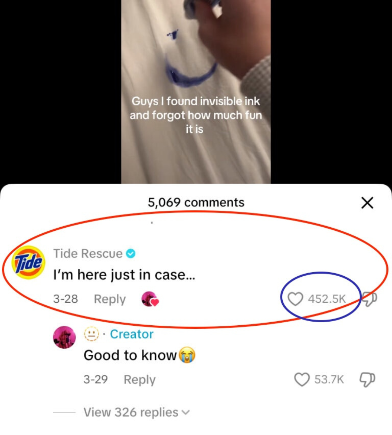 Tide commenting on a TikTok video, with 452.5K likes on the comment