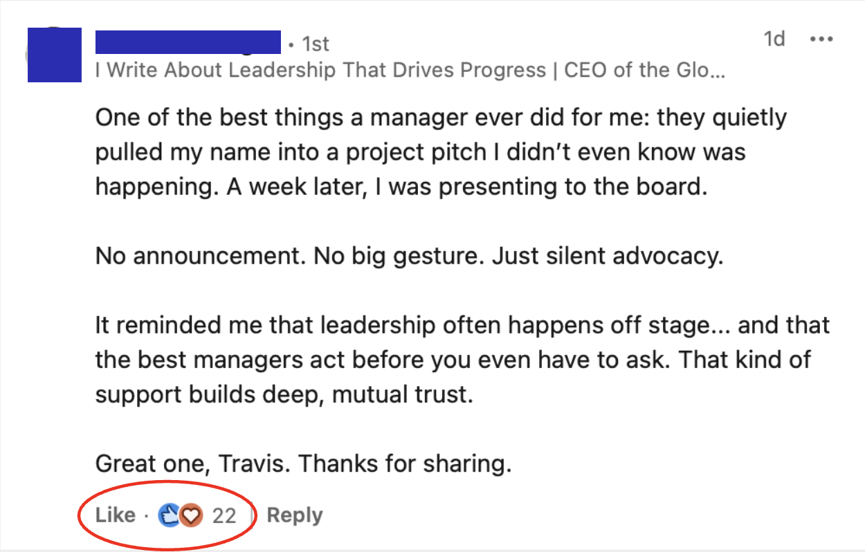 Thoughtful LinkedIn comment collecting reactions under a leadership post