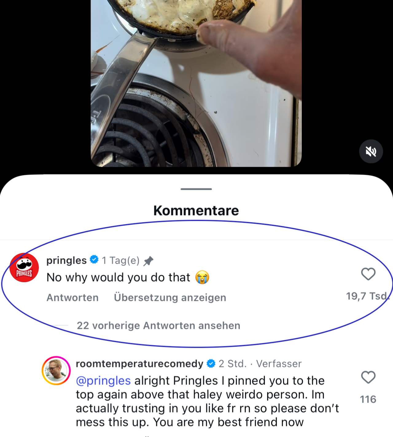 Brand comment from Pringles pinned on a viral Instagram video
